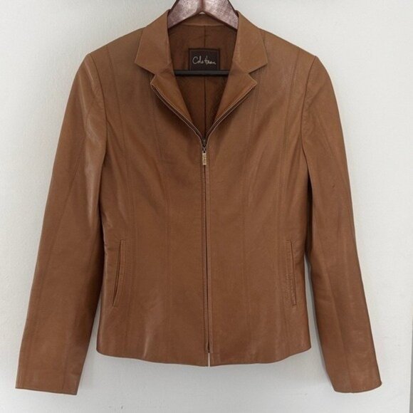 Cole Hann Lambskin Leather Jacket Womens Small Full Zip Tan - Picture 3 of 16